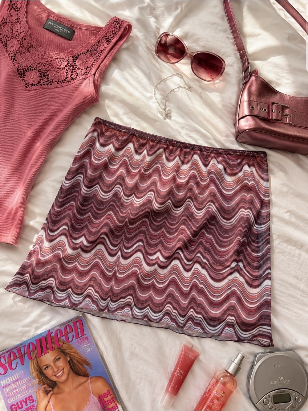 No Comment NY-LA Mesh Mini Skirt Y2K Abstract Wave Print Lined Stretch Festival